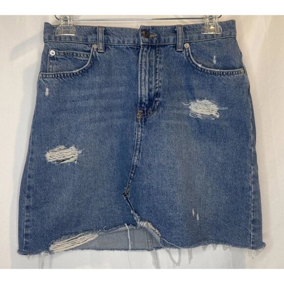 We The Free Free People Women’s Distressed Blue Denim Zip Fly Mini Skirt Sz 28 - Picture 1 of 8
